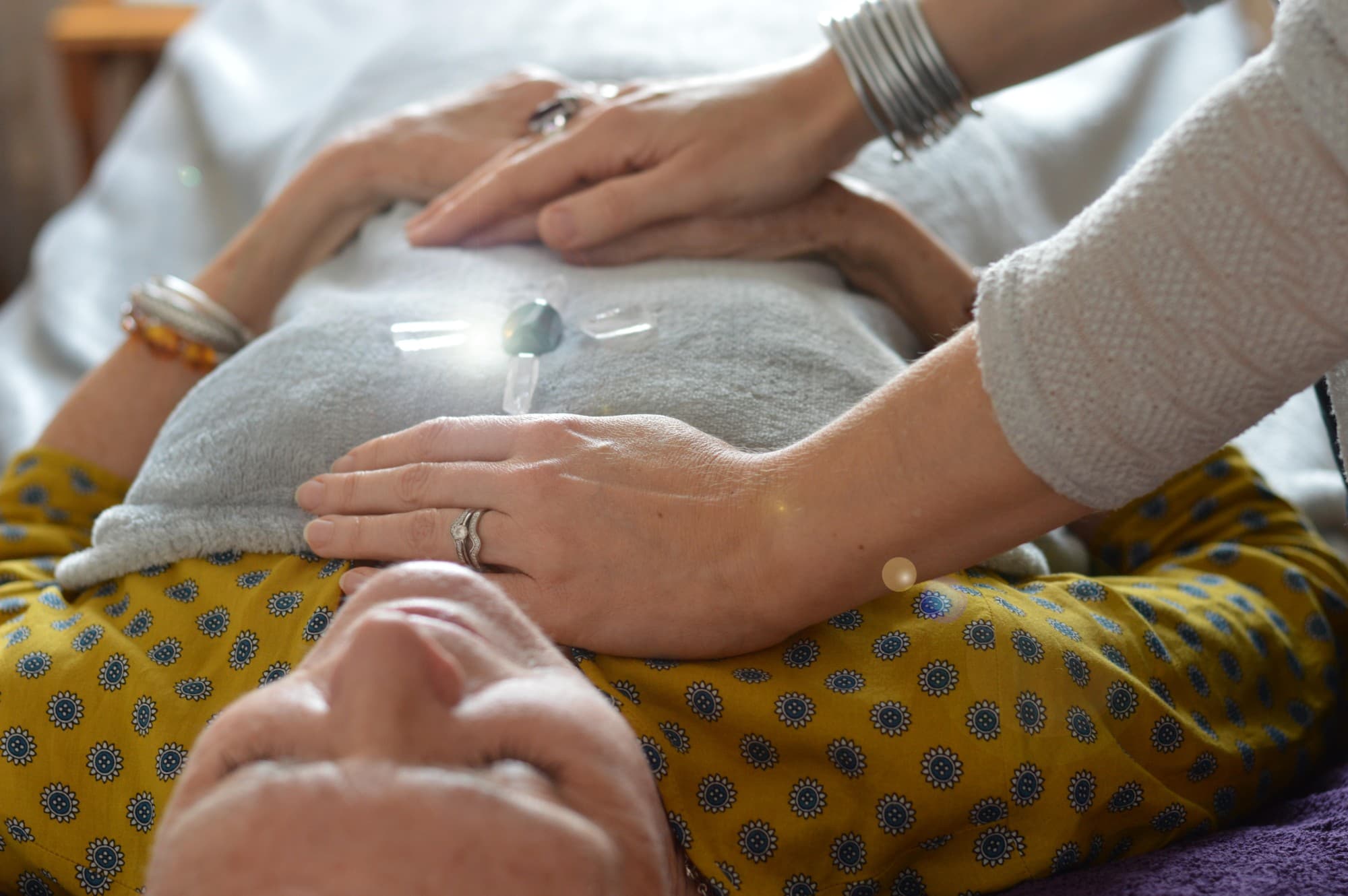 Crystals placed on the body during a crystal chakra balance