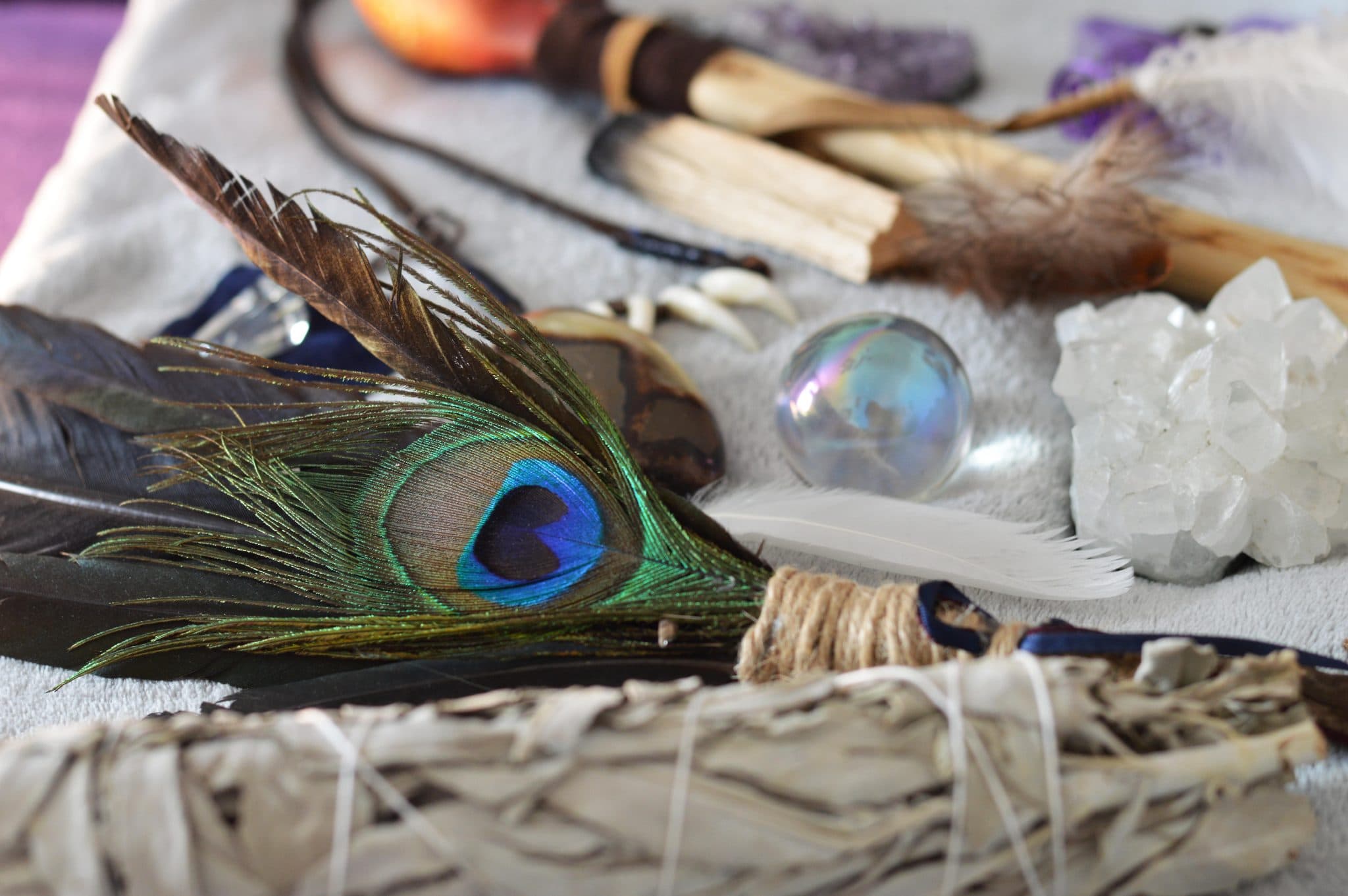 Crystals, cards and healing tools laid out