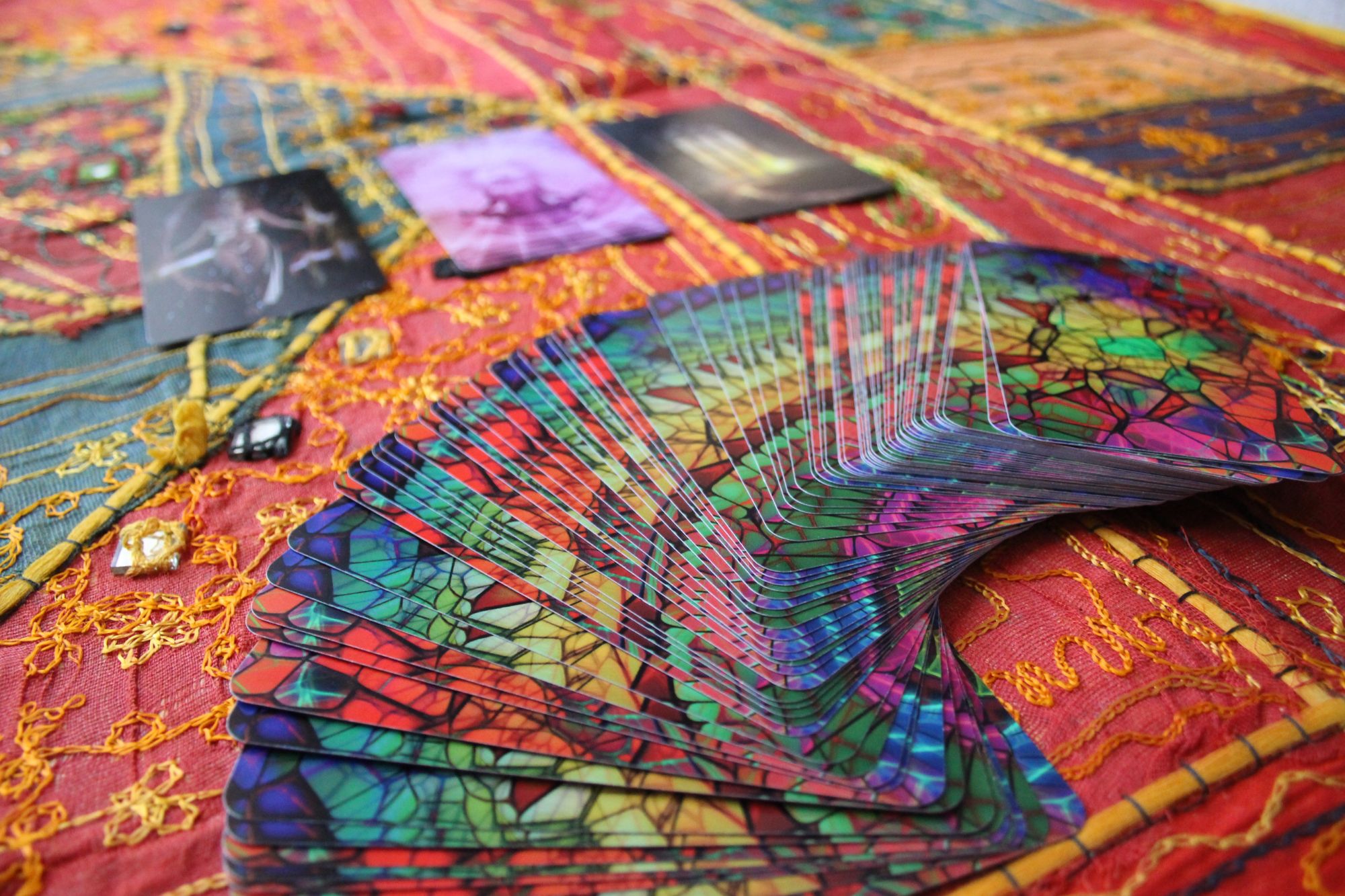 Intuitive tarot and oracle cards laid out